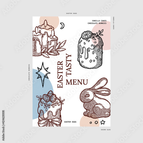 Rustic Modern Geometric Easter Menu. Design Template with Hand Drawn Sketch Elements for Recipe Book, Delivery Service, Notebook. Candle, Easter Cake, Kulich with Colored Egg, Ribbon, Chocolate Bunny