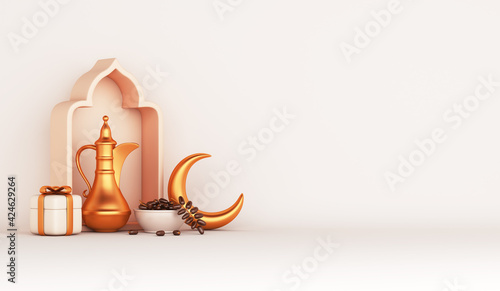 Islamic decoration background with teapot, date fruit, crescent, gift box, window cartoon style, ramadan kareem, mawlid, iftar, eid al fitr adha, muharram, copy space text, 3D illustration. © sofirinaja