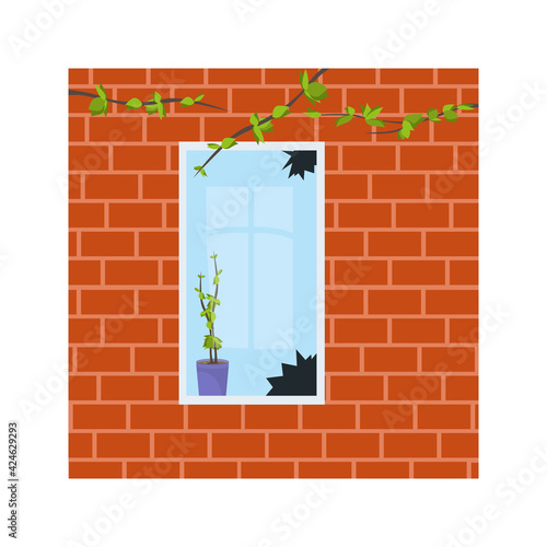 Broken glass of the window. Damaged, broken or cracked. Sharp shards. Building facade, brick wall. Abandoned house. Vector