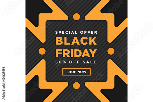 Black Friday Flash Sale Social Media Post Design Template. Square layout use yellow and black colors. Diagonal pattern line. 