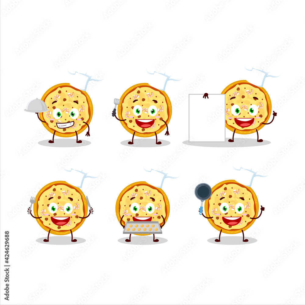 Cartoon character of marinara pizza with various chef emoticons Cartoon character of marinara pizza with various chef emoticons