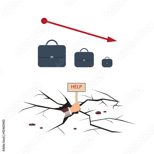 Financial insolvency or bankruptcy. The red arrow shows a loss or decrease in a business portfolio. Hand of a businessman inside a crack in the earth. Hold a sign that says "Help".
