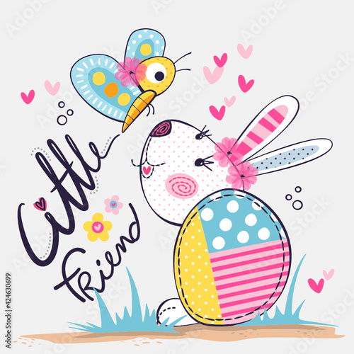 embroidery cute rabbit playing butterfly on