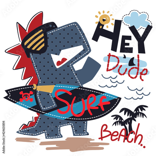 funny cartoon trex holding surfboard on
