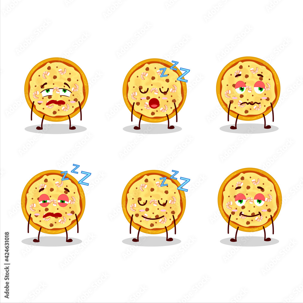 Cartoon character of marinara pizza with sleepy expression Cartoon character of marinara pizza with sleepy expression