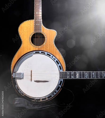 Fotografie Banjo and Acoustic guitar for country and bluegrass music with a black and white