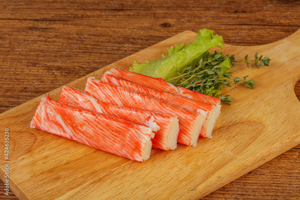 Crab sticks served salad leaves Crab sticks served salad leaves