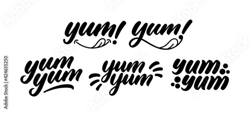 Yum Yum words set. Yummy handwritten word. Modern calligraphy. Calligraphic doodle text design for print. Vector logo design. Hand drawn lettering in cartoon style. Phrase yum with licking tongue.