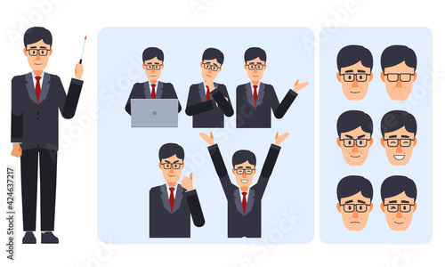 先生・教師/動かしやすいキャラクター素材です。モーショングラフィックスで使いやすい関節ごとにパーツが分かれています。ライトなビジネスデザインにマッチします。