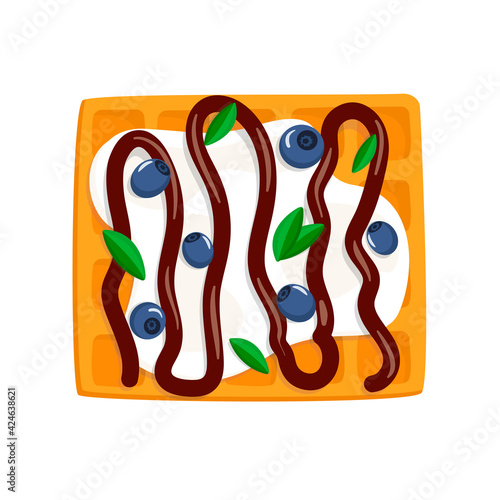 Viennese waffle with sour cream and blueberries and chocolate. view from above. vector illustration in cartoon style isolated on white background