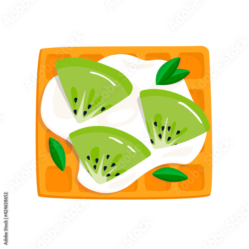 Viennese waffle with sour cream and kiwi slices. view from above. vector illustration in cartoon style isolated on white background
