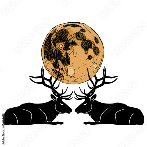 Symmetrical animal design with two lying elks or deer holding full moon on their antlers. Creative mythological nature concept.