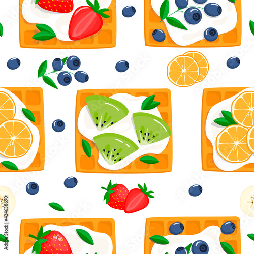 pattern with Viennese waffles, sour cream and berries. vector illustration in cartoon style isolated on white background