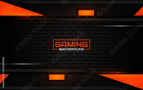 Abstract futuristic geometric black and orange gaming background with modern esport shapes. Vector design template technology concept can use element game banner, sport poster, cyber wallpaper, web