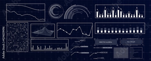 HUD futuristic interface. Hitech display with infographic elements. Dashboard with chart, diagram, line, graphic and data.