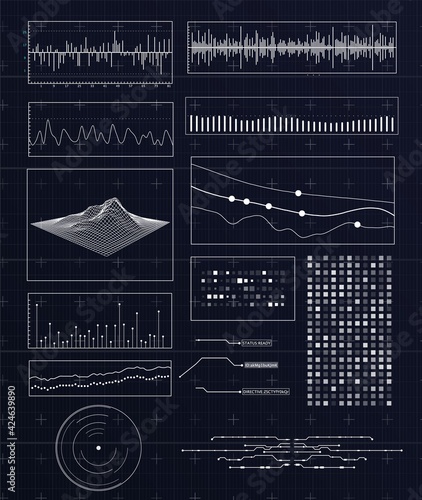 HUD futuristic interface. Hitech display with infographic elements. Dashboard with chart, diagram, line, graphic and data.