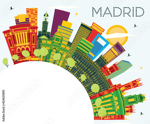 Madrid Spain City Skyline with Color Buildings  Blue Sky and Copy Space.
