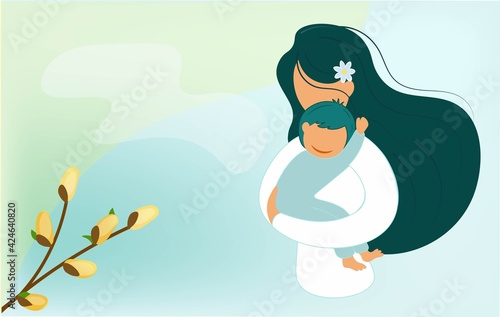 A beautiful young mother gently hugs her baby in a caring embrace. Love and motherhood concept. Flat vector illustration. Delicate blue background with a pussy willow branch. To Mother's Day.
