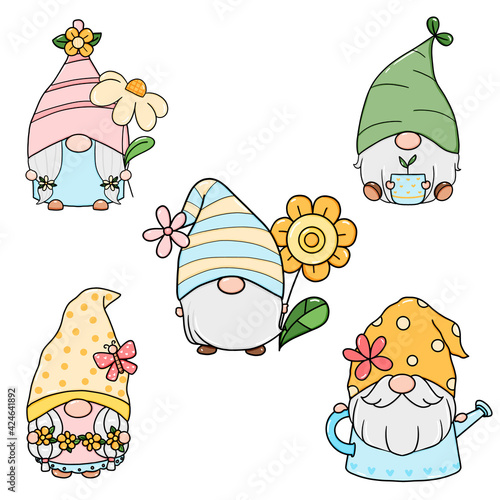 Gnome spring flower hand drawn set.
