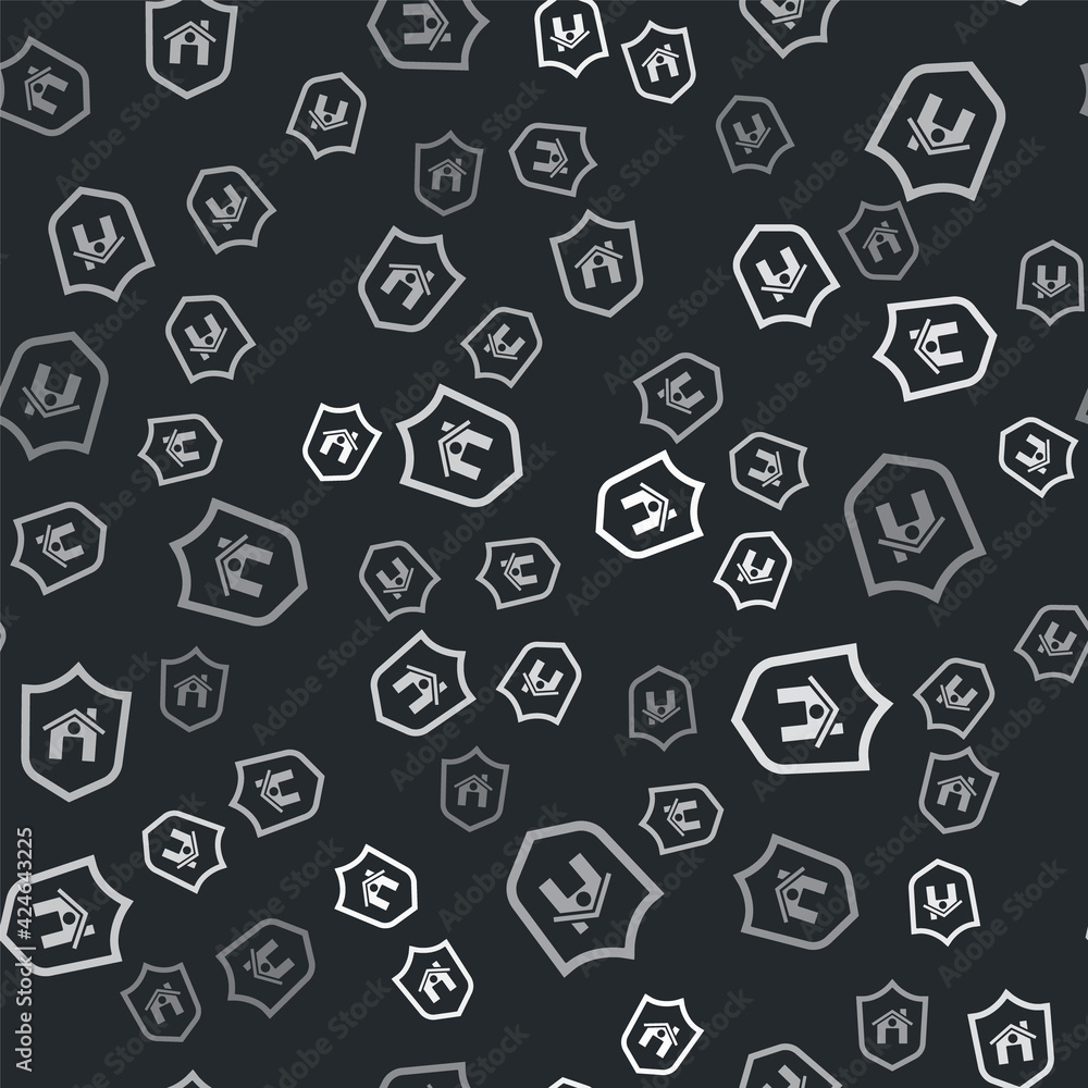 Grey House with shield icon isolated seamless pattern on black background. Insurance concept. Security, safety, protection, protect concept. Vector Grey House with shield icon isolated seamless pattern on black background. Insurance concept. Security, safety, protection, protect concept. Vector