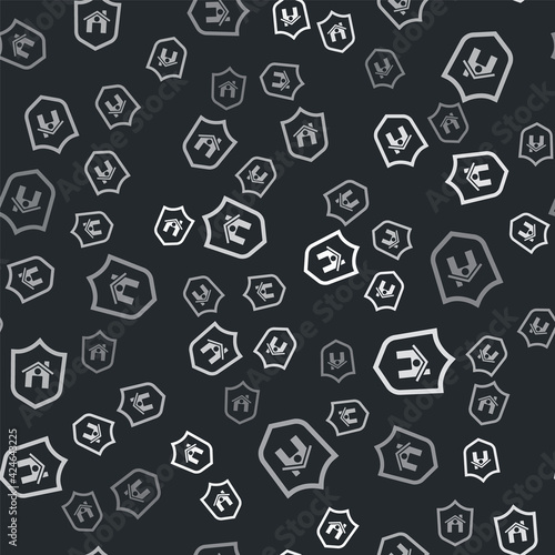 Grey House with shield icon isolated seamless pattern on black background. Insurance concept. Security, safety, protection, protect concept. Vector