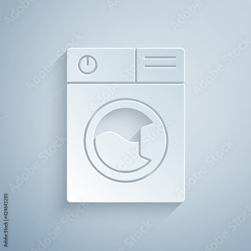 Paper cut Washer icon isolated on grey background. Washing machine icon. Clothes washer - laundry machine. Home appliance symbol. Paper art style. Vector