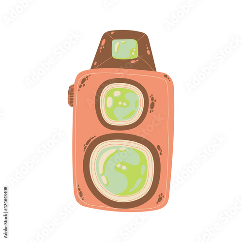Cute retro photo camera icon in cartoon flat design. Old style camera with battery grip clip art in doodle style. Vector illustration isolated on white background.
