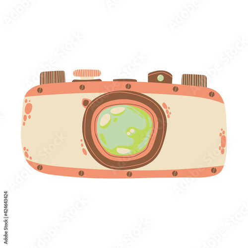 Cute retro photo camera icon in cartoon flat design. Old style camera with battery grip clip art in doodle style. Vector illustration isolated on white background.
