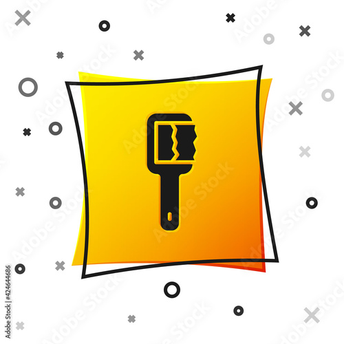 Black Sauna brush icon isolated on white background. Wooden brush with coarse bristles for washing in the bath. Anti cellulite massage. Yellow square button. Vector