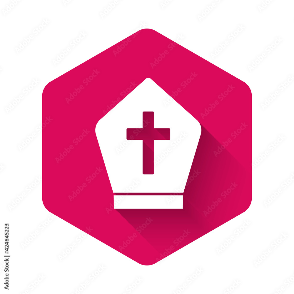 White Pope hat icon isolated with long shadow background. Christian hat sign. Pink hexagon button. Vector White Pope hat icon isolated with long shadow background. Christian hat sign. Pink hexagon button. Vector