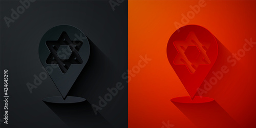 Paper cut Star of David icon isolated on black and red background. Jewish religion symbol. Symbol of Israel. Paper art style. Vector