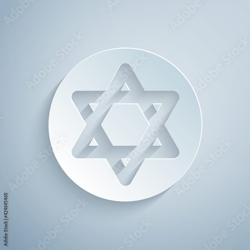 Paper cut Star of David icon isolated on grey background. Jewish religion symbol. Symbol of Israel. Paper art style. Vector