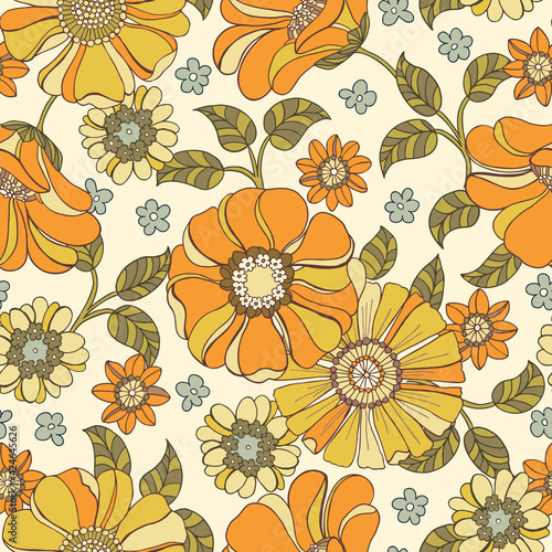 Colorful Large Scale Hand-Drawn Floral Vector Seamless Pattern. Retro 70s Style Nostalgic Fashion Textile Bold Background. Summer Resort Print. Daisies. Flower Power