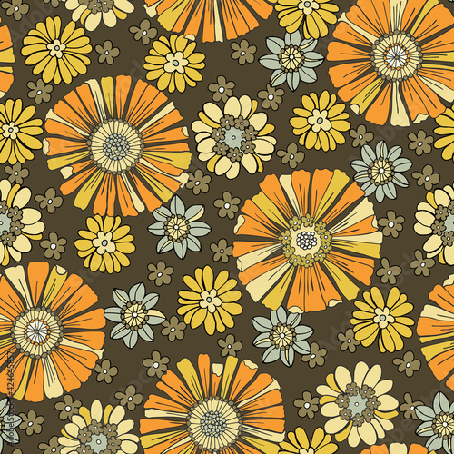 Colorful Large Scale Hand-Drawn Floral Vector Seamless Pattern. Retro 70s Style Nostalgic Fashion Textile Bold Background. Summer Resort Print. Daisies. Flower Power