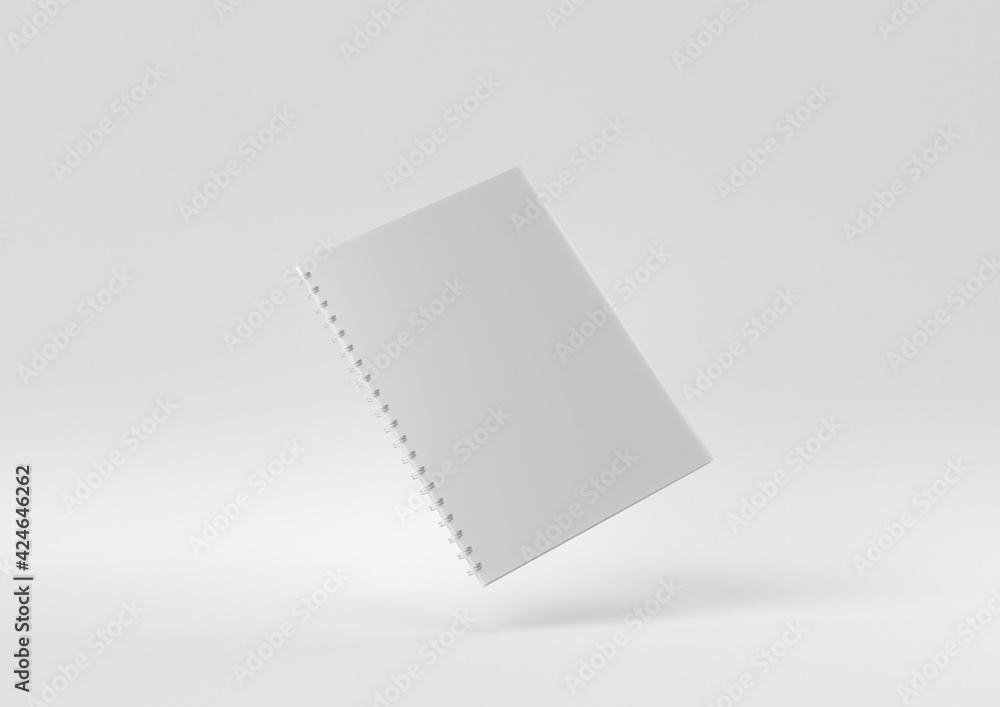 White Notebook floating in white background. minimal concept idea creative. monochrome. 3D render. White Notebook floating in white background. minimal concept idea creative. monochrome. 3D render.