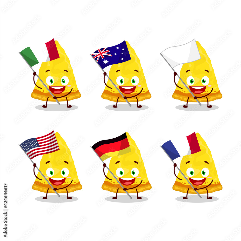 Slice of italian cheese pizza cartoon character bring the flags of various countries Slice of italian cheese pizza cartoon character bring the flags of various countries