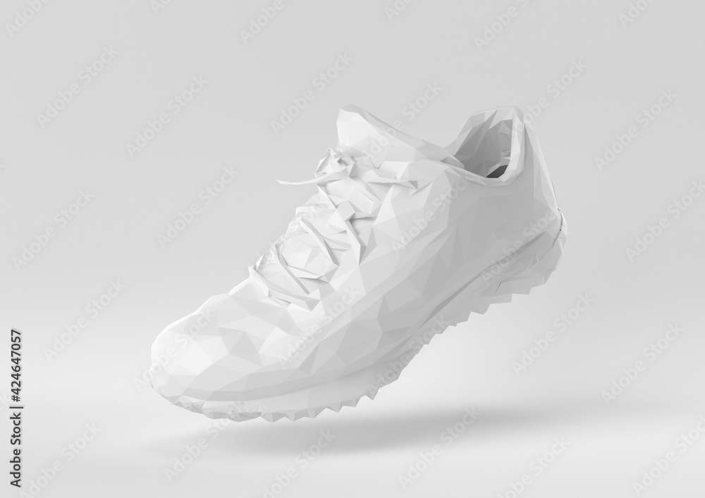 White shoe floating in white background. minimal concept idea creative. origami style. 3D render. White shoe floating in white background. minimal concept idea creative. origami style. 3D render.