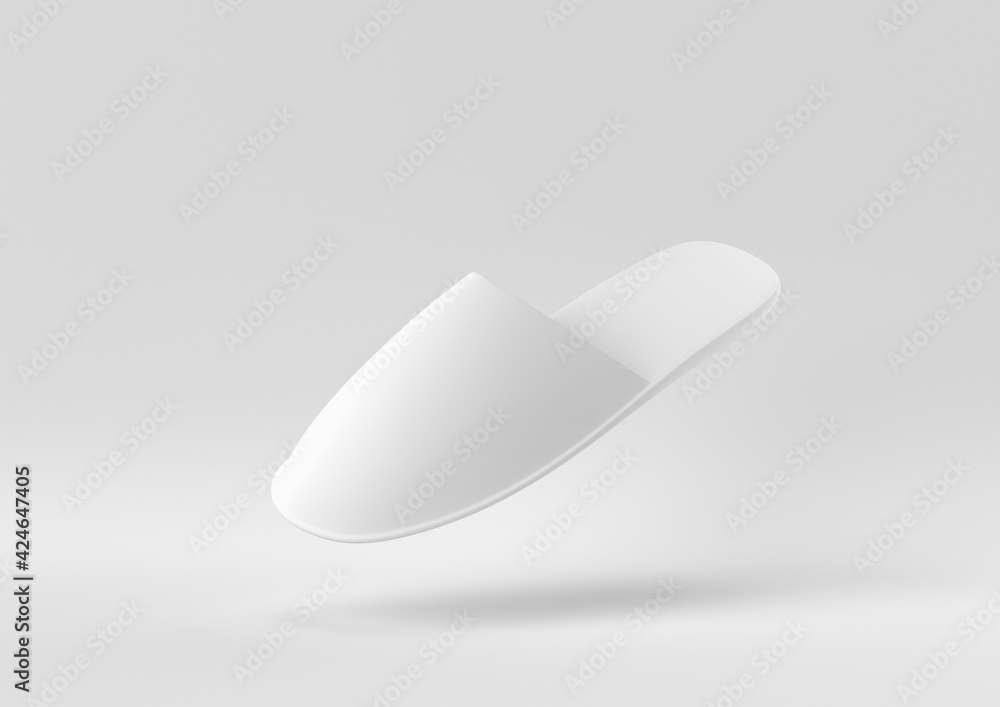 White slippers floating in white background. minimal concept idea creative. 3D render. White slippers floating in white background. minimal concept idea creative. 3D render.