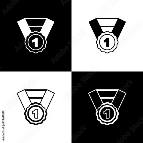 Set Dog award symbol icon isolated on black and white background. Medal with dog footprint as pets exhibition winner concept. Vector