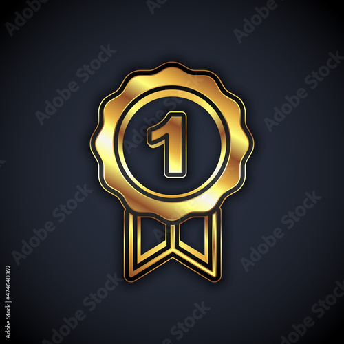 Gold Dog award symbol icon isolated on black background. Medal with dog footprint as pets exhibition winner concept. Vector