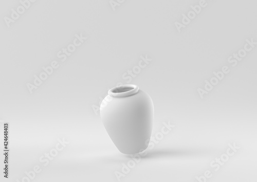 White pottery floating in white background. minimal concept idea creative. monochrome. 3D render.