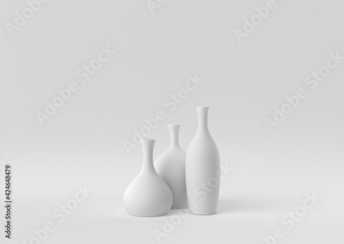 White Vases floating in white background. minimal concept idea creative. monochrome. 3D render.