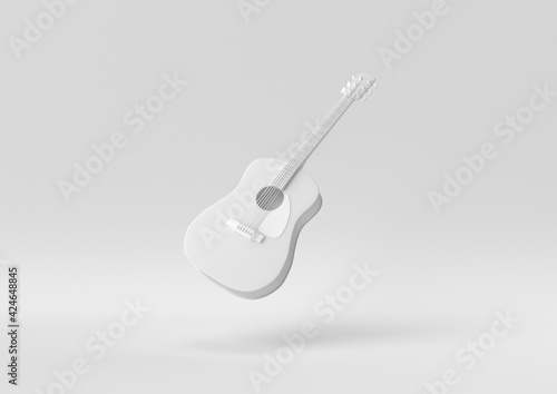 White Guitar acoustic body floating in white background. minimal concept idea creative. monochrome. 3D render.