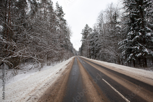 the road in the winter season, the roadway is covered with melted snow