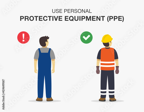 Workplace golden safety rule. Use personal protective equipment warning poster design. Flat vector illustration template.
