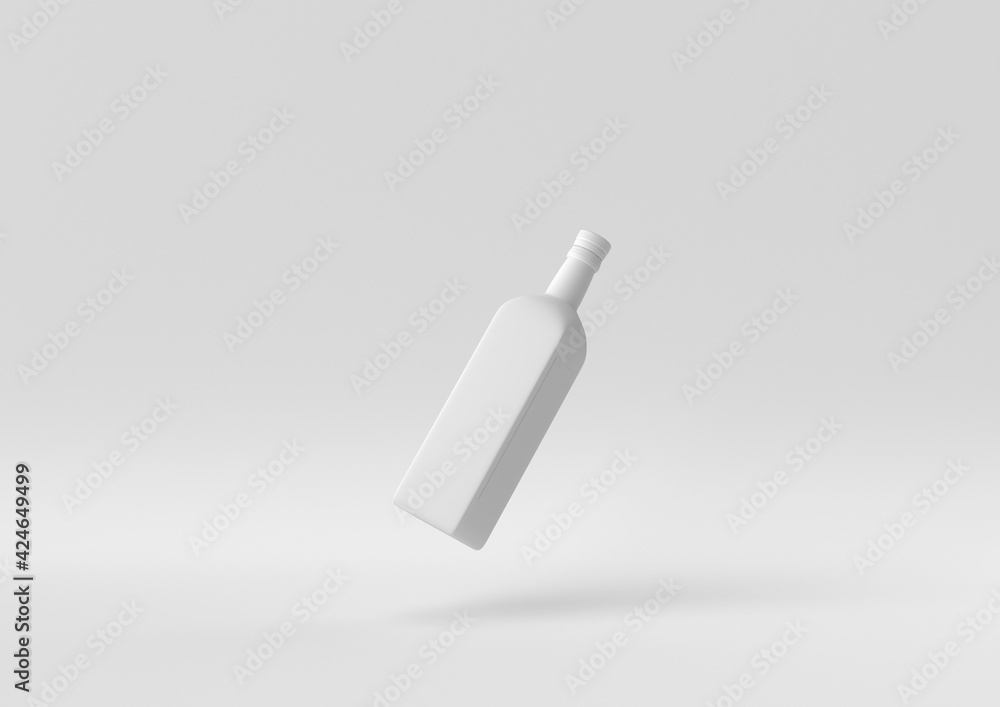 White brandy bottle floating in white background. minimal concept idea creative. monochrome. 3D render. White brandy bottle floating in white background. minimal concept idea creative. monochrome. 3D render.