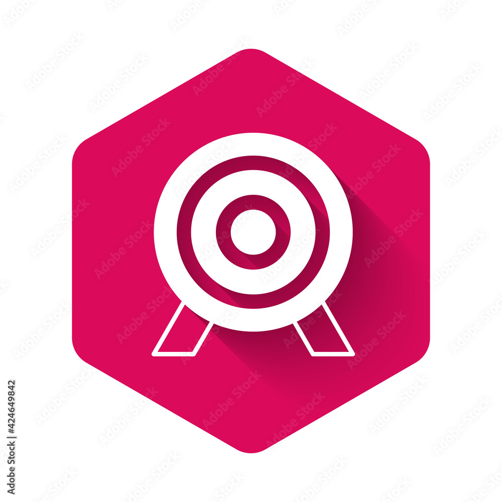 White Target financial goal concept icon isolated with long shadow background. Symbolic goals achievement, success. Pink hexagon button. Vector White Target financial goal concept icon isolated with long shadow background. Symbolic goals achievement, success. Pink hexagon button. Vector