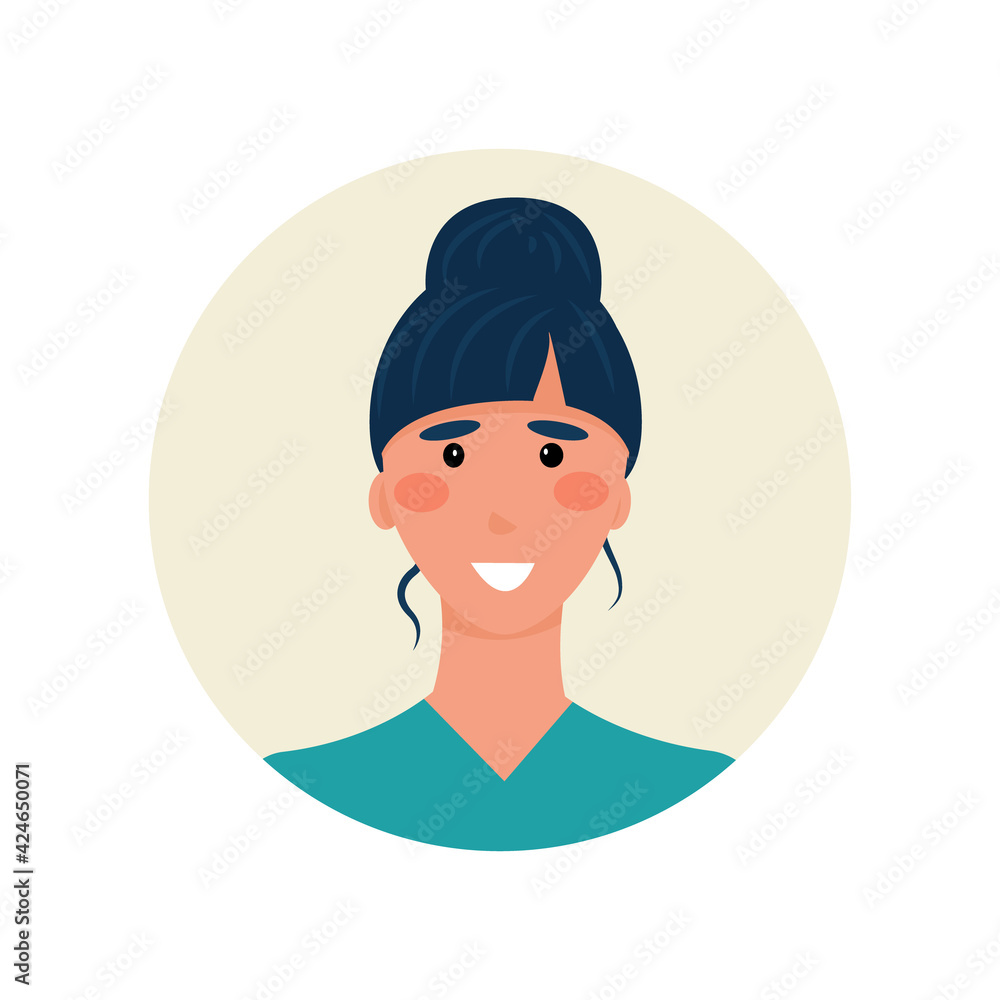 avatar smiling brunette nurse with bangs and bun. Unique youth badge for thematic medical forums, websites, e-mail, chat bots, clinic support. Vector illustration avatar smiling brunette nurse with bangs and bun. Unique youth badge for thematic medical forums, websites, e-mail, chat bots, clinic support. Vector illustration