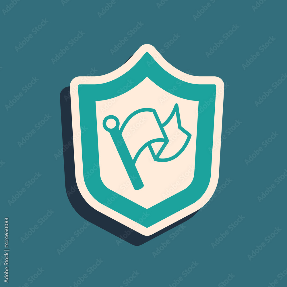 Green Shield with flag icon isolated on green background. Victory, winning and conquer adversity concept. Long shadow style. Vector Green Shield with flag icon isolated on green background. Victory, winning and conquer adversity concept. Long shadow style. Vector