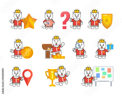 White cat king characters set in various situations. Modern vector illustration